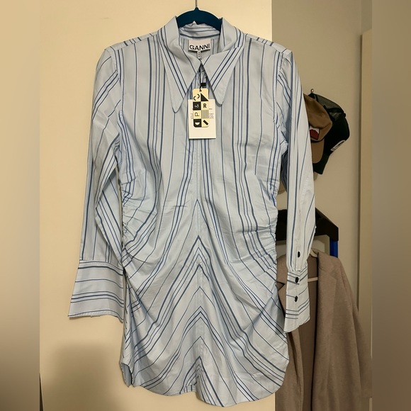 GANNI Striped Twill Fitted Zip-Front Tunic Dress - Picture 7 of 9